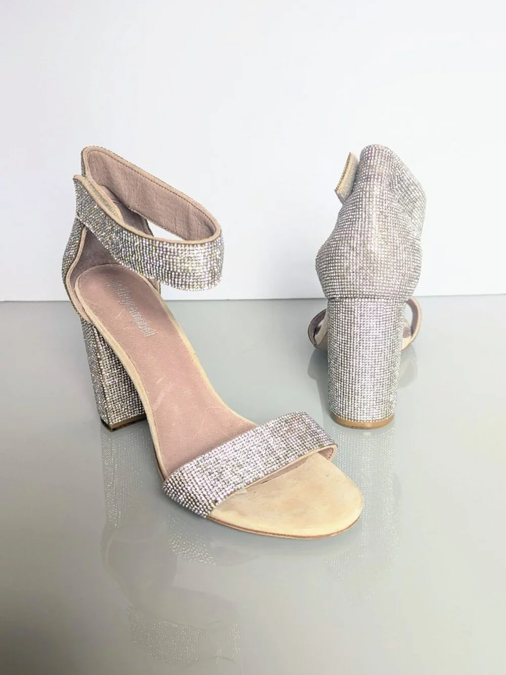 Jeffrey Campbell Silver Crystal Studded Sandal Size 8 Block Heel Strappy Sparkle